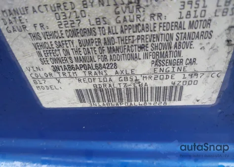 2010 Nissan Sentra 2.0Sr из США, поврежденный, VIN 3N1AB6AP0AL684228